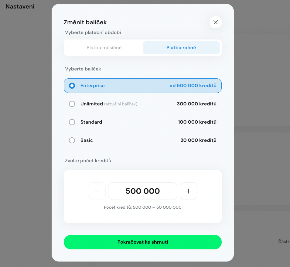 Konfigurátor počtu kreditů u balíčku Enterprise