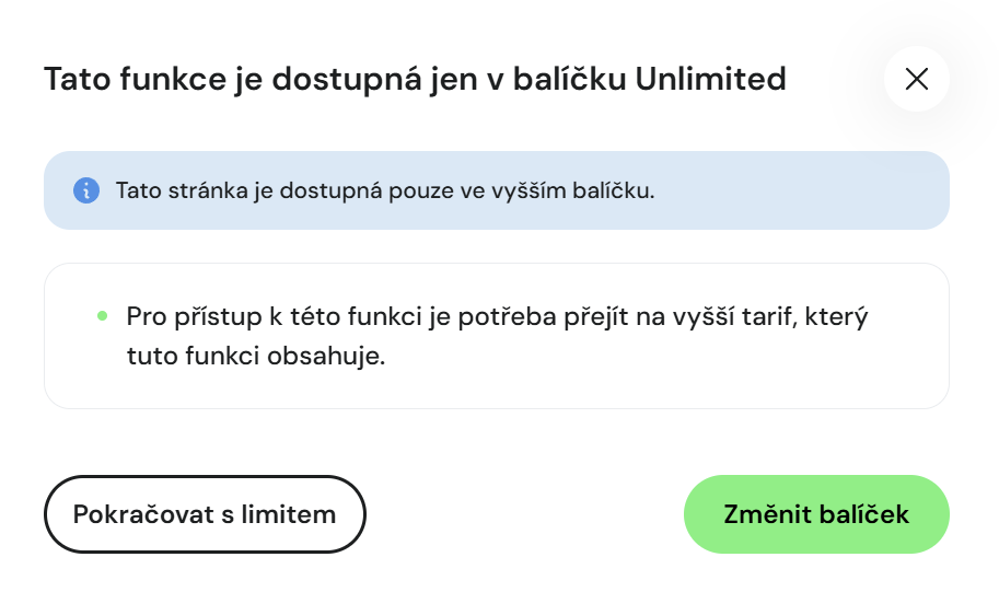 Modal s informací o dostupnosti funkce Týmy