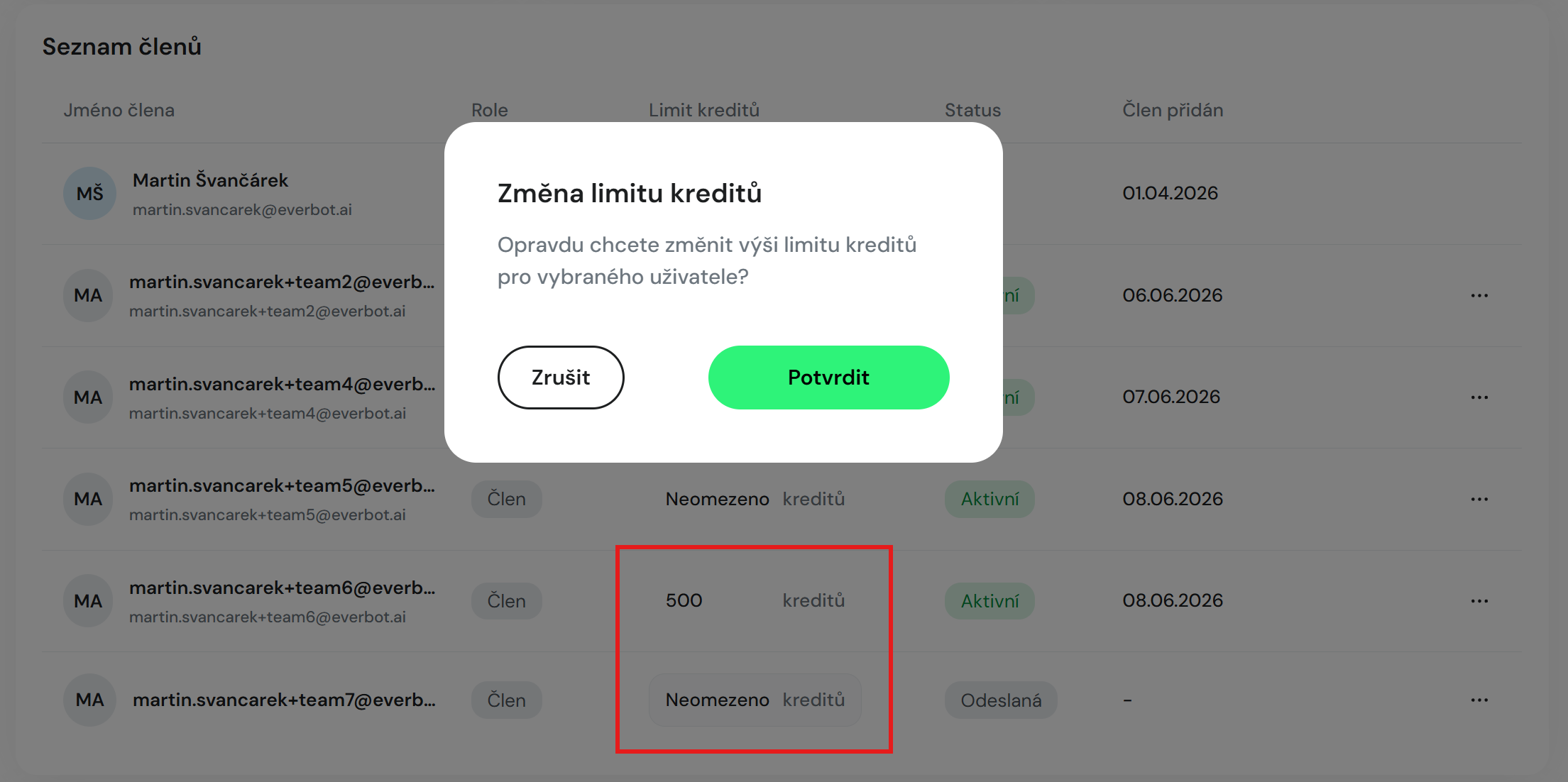 Změna kreditu členovi
